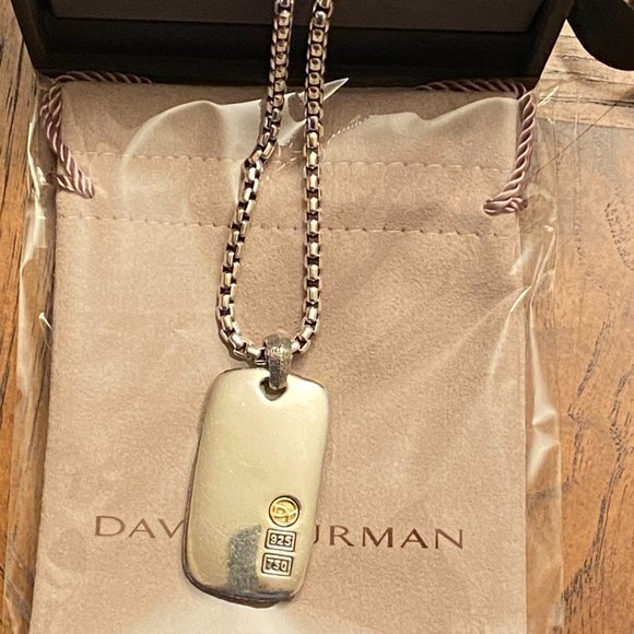 David Yurman Sterling 925 and 18K Dog Tag Pendant with Box Chain Necklace - Picture 11 of 15
